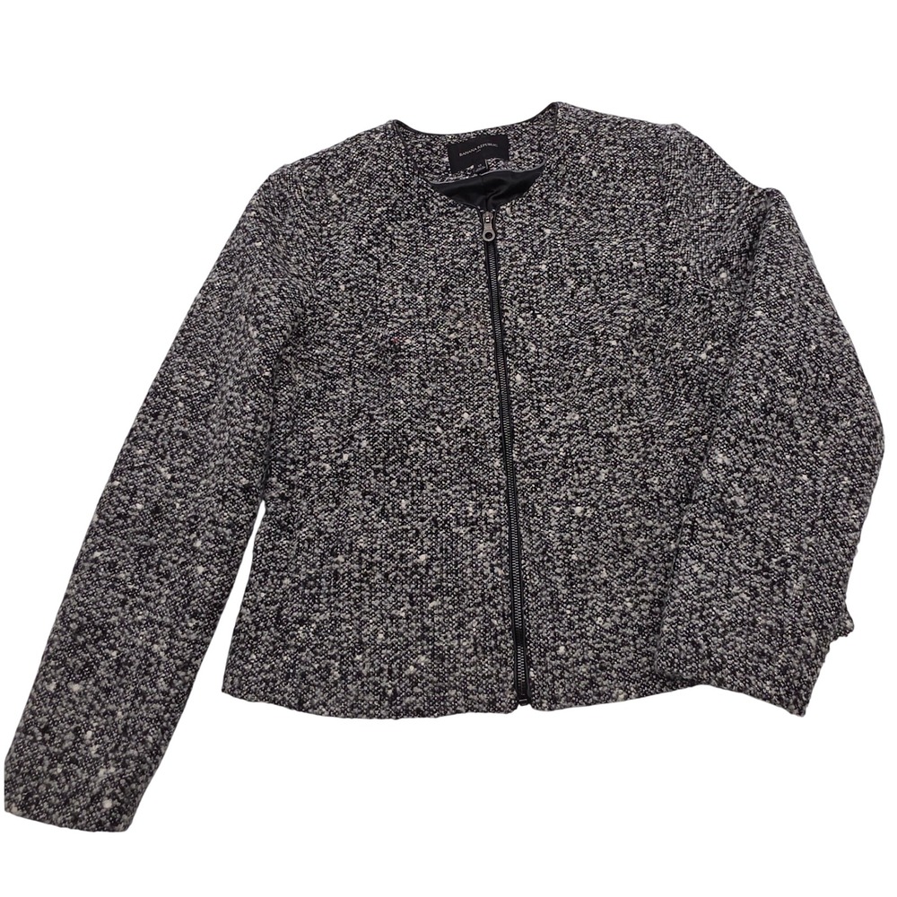 Chic Banana Republic Tweed Jacket Women 12 Black White Boucle Wool Blend Zip Up